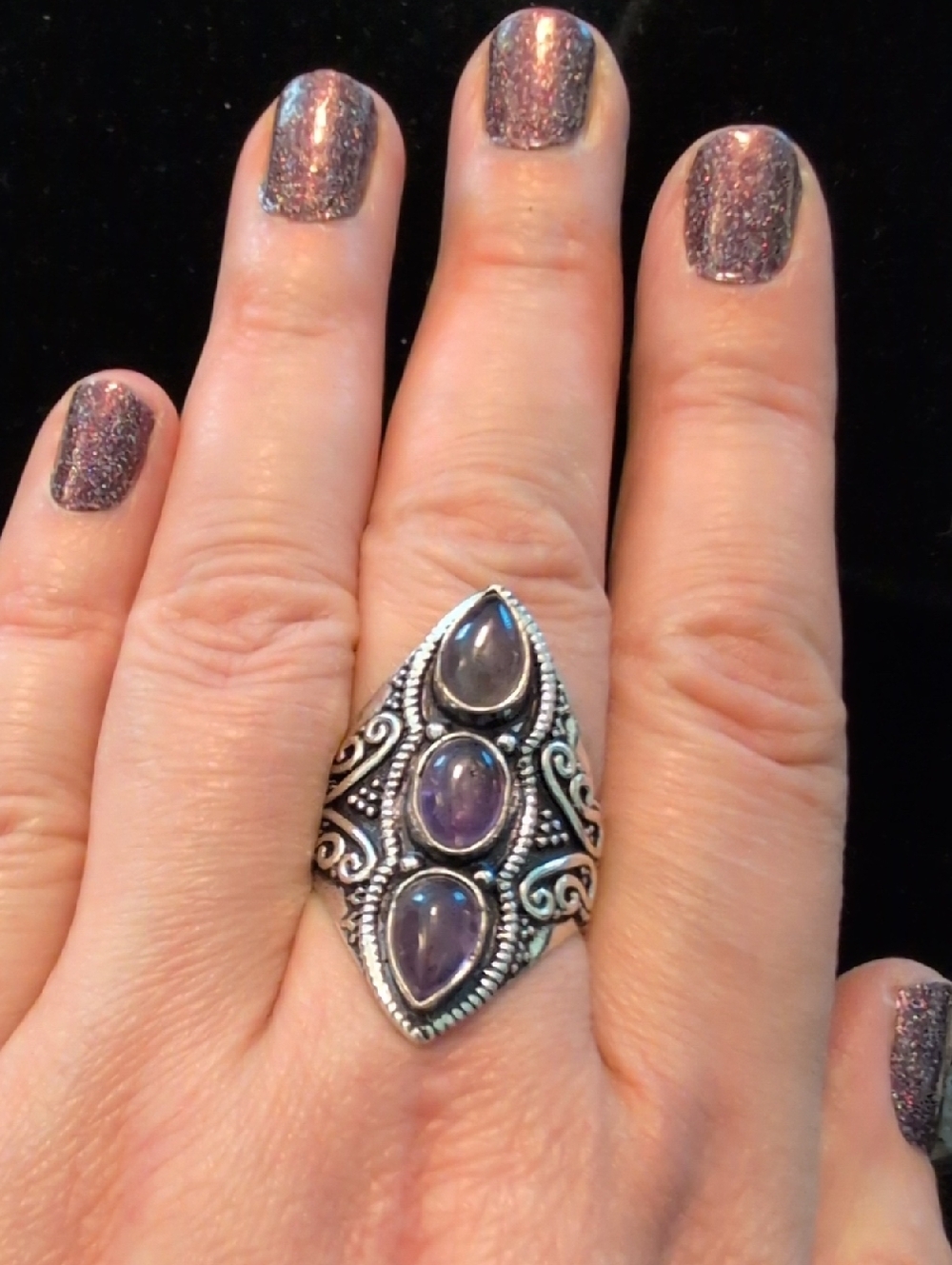 Boho Style Triple Amethyst Accented Ring
